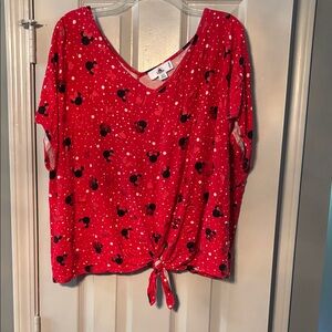 Disney Red Minnie Mouse Heads w/ Sparkle & Matte Bows Short Sleeve Tie-Front Top
